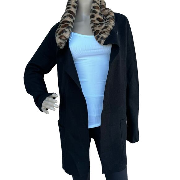 JNY Jones New York Black Knit Faux Fur Removable Collar One Button Cardigan L - Picture 7 of 10